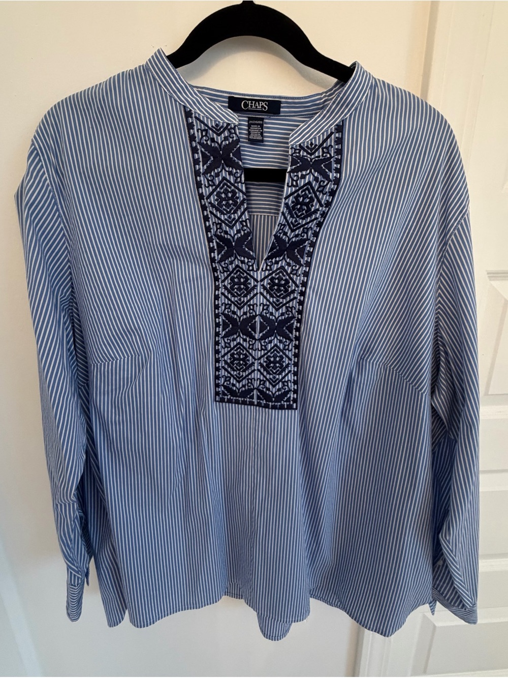 Chaps Light Blue and Navy Striped Embroidered Tunic